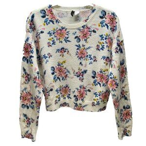 Divided H&M Sweater Women's Medium White Pink Floral Knit Long‎ Sleeve Crewneck